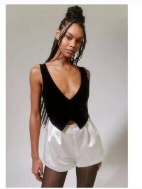 New For Love & Lemons Drew Romper Cream Satin Black Velvet Sz XS